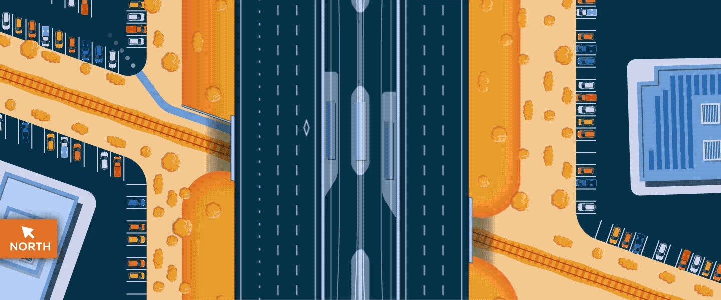 An animated GIF that shows the two design alternatives for SR-84 intermodal bus facility. It has moving cars, moving busses, and changes of where the bus platforms are located per alternative design 1 and design 2. It is on a loop. 