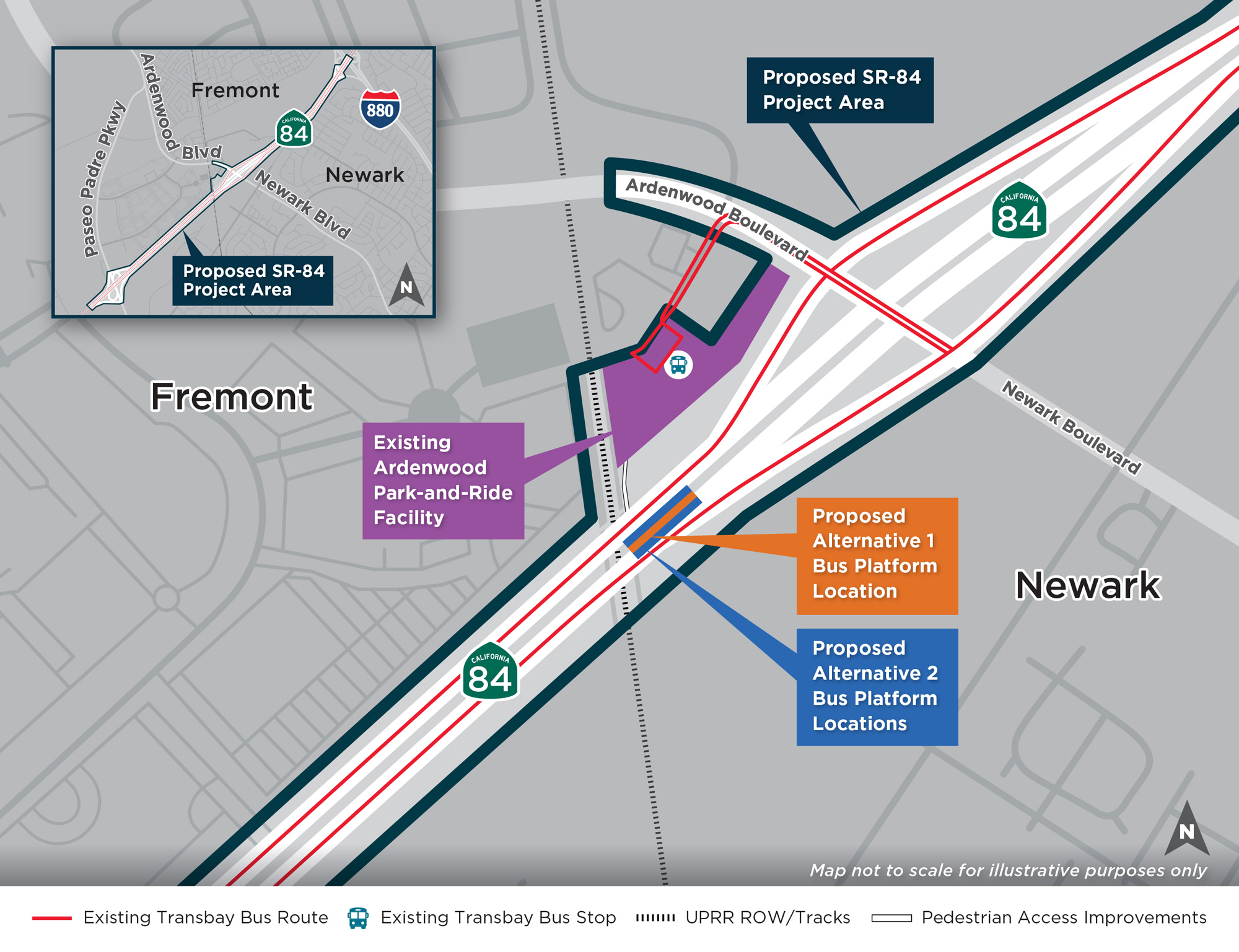 This is a close-up view of the project area, shown as a star on the overview map. Features highlighted include: the Transbay bus line, AC Transit Stop, UPRR ROW tracks, and Pedestrian access improvements.  Zooming into the project area, starting clockwise from the top, the outline of the Proposed SR-84 Project Area, Alternative 1 location, Alternative 2 location and the Existing Ardenwood Park-and-Ride Facility. There is also a button to take you further down the page which, shows more details about the alternatives.